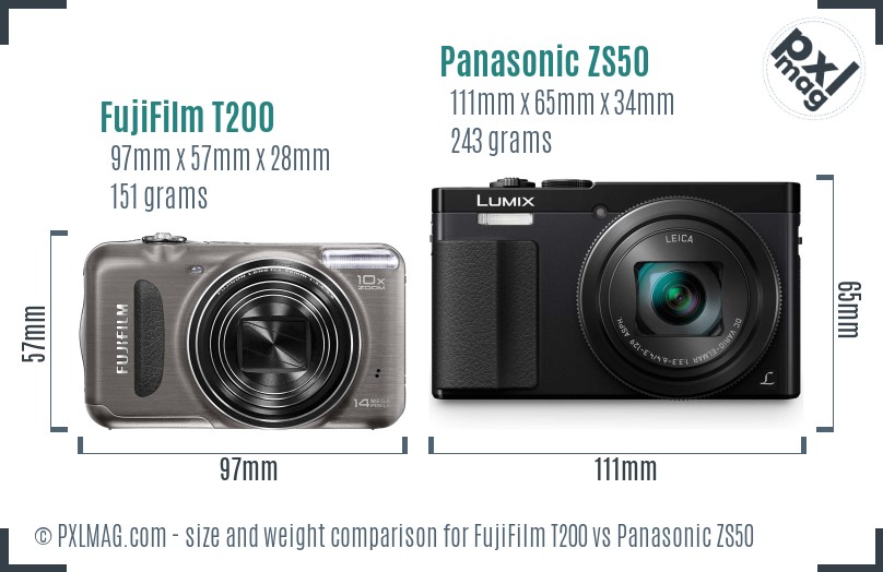 FujiFilm T200 vs Panasonic ZS50 size comparison