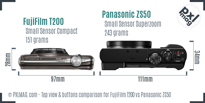 FujiFilm T200 vs Panasonic ZS50 top view buttons comparison