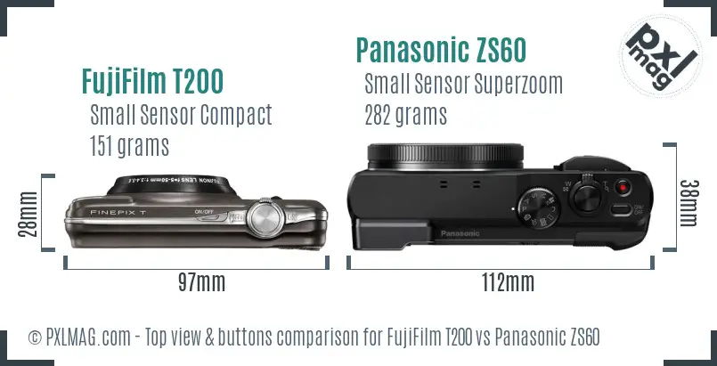 FujiFilm T200 vs Panasonic ZS60 top view buttons comparison FujiFilm T200 vs Panasonic ZS60 top view buttons comparison