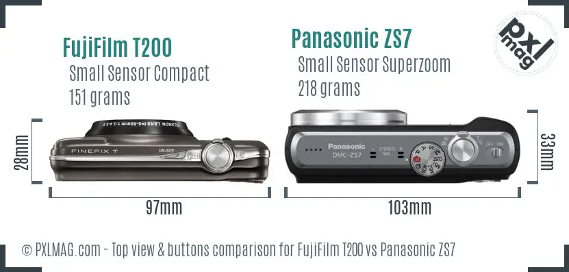 FujiFilm T200 vs Panasonic ZS7 top view buttons comparison