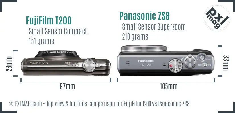FujiFilm T200 vs Panasonic ZS8 top view buttons comparison