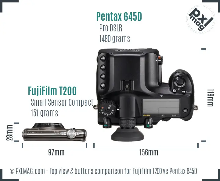 FujiFilm T200 vs Pentax 645D top view buttons comparison
