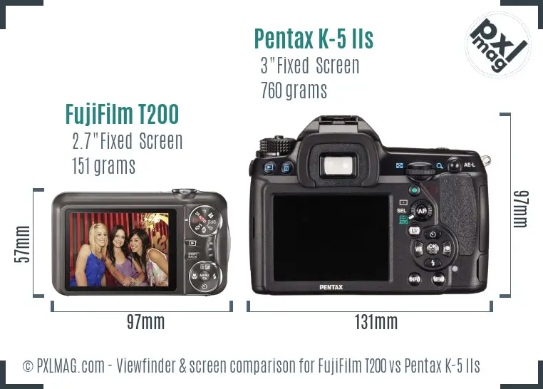 FujiFilm T200 vs Pentax K-5 IIs Screen and Viewfinder comparison