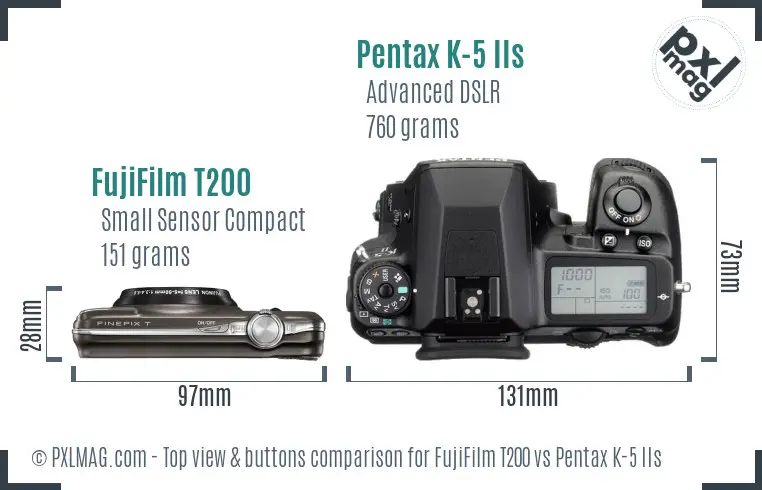 FujiFilm T200 vs Pentax K-5 IIs top view buttons comparison