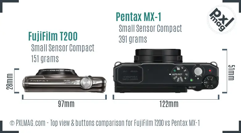 FujiFilm T200 vs Pentax MX-1 top view buttons comparison