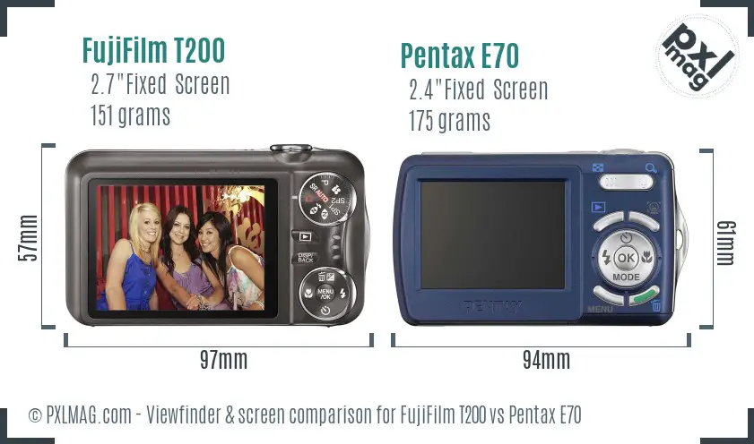 FujiFilm T200 vs Pentax E70 Screen and Viewfinder comparison