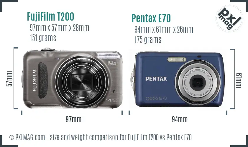 FujiFilm T200 vs Pentax E70 size comparison
