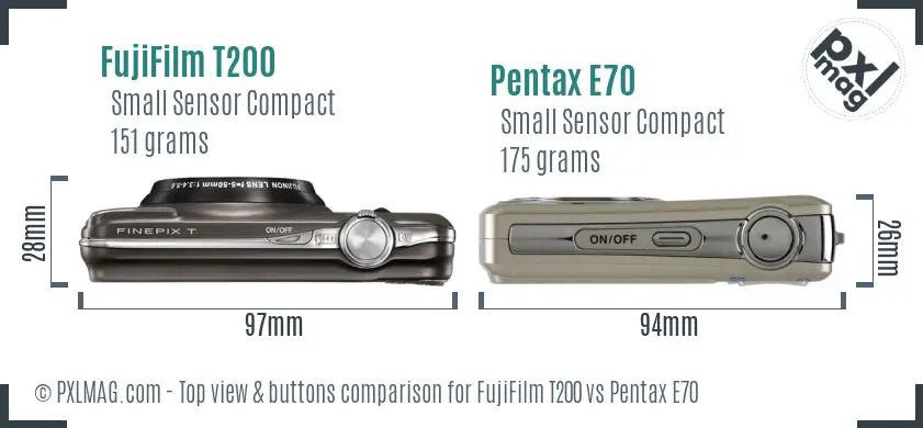 FujiFilm T200 vs Pentax E70 top view buttons comparison