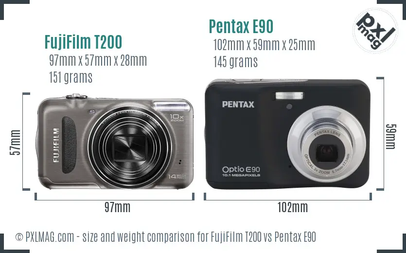 FujiFilm T200 vs Pentax E90 size comparison