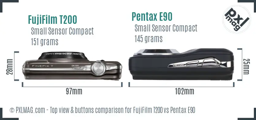 FujiFilm T200 vs Pentax E90 top view buttons comparison