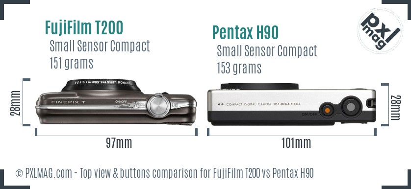 FujiFilm T200 vs Pentax H90 top view buttons comparison