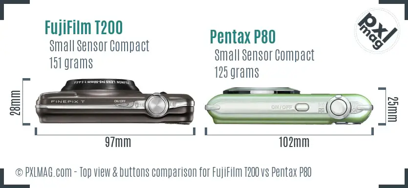 FujiFilm T200 vs Pentax P80 top view buttons comparison FujiFilm T200 vs Pentax P80 top view buttons comparison