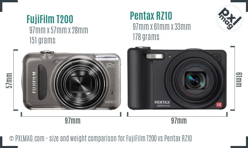 FujiFilm T200 vs Pentax RZ10 size comparison FujiFilm T200 vs Pentax RZ10 size comparison