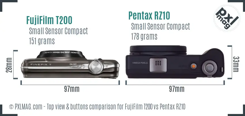 FujiFilm T200 vs Pentax RZ10 top view buttons comparison FujiFilm T200 vs Pentax RZ10 top view buttons comparison
