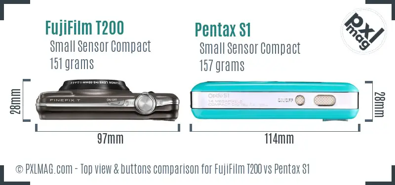 FujiFilm T200 vs Pentax S1 top view buttons comparison FujiFilm T200 vs Pentax S1 top view buttons comparison