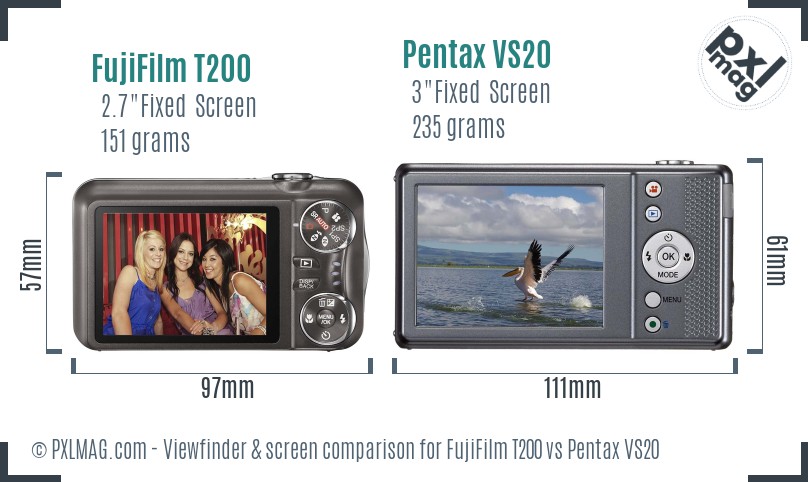 FujiFilm T200 vs Pentax VS20 Screen and Viewfinder comparison