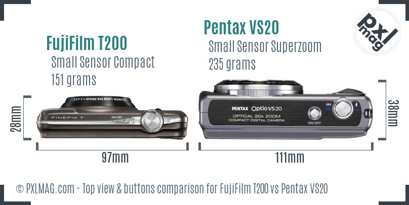 FujiFilm T200 vs Pentax VS20 top view buttons comparison