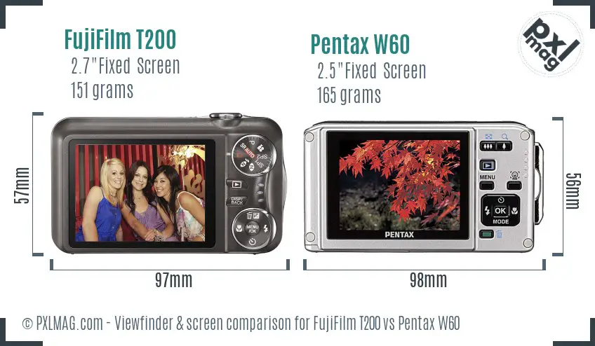 FujiFilm T200 vs Pentax W60 Screen and Viewfinder comparison