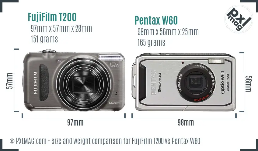 FujiFilm T200 vs Pentax W60 size comparison