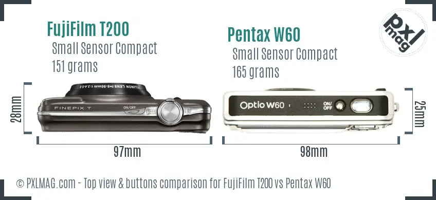 FujiFilm T200 vs Pentax W60 top view buttons comparison