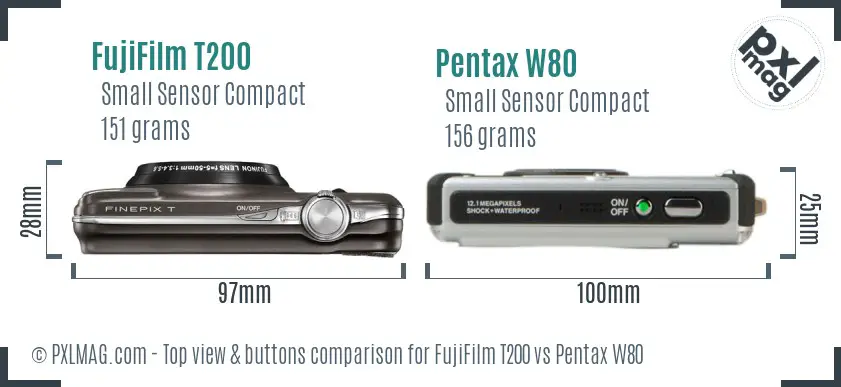 FujiFilm T200 vs Pentax W80 top view buttons comparison FujiFilm T200 vs Pentax W80 top view buttons comparison
