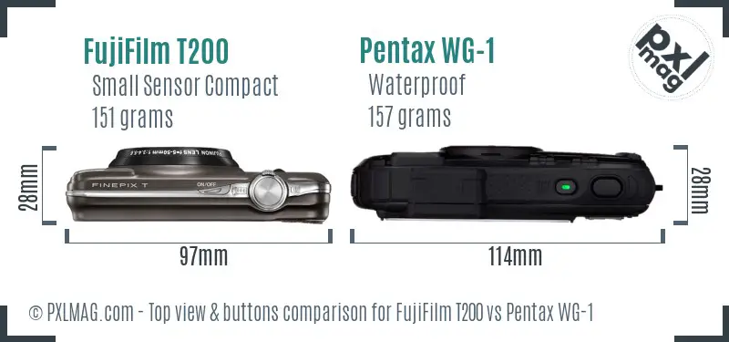 FujiFilm T200 vs Pentax WG-1 top view buttons comparison