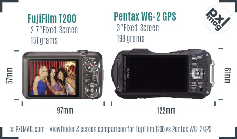 FujiFilm T200 vs Pentax WG-2 GPS Screen and Viewfinder comparison