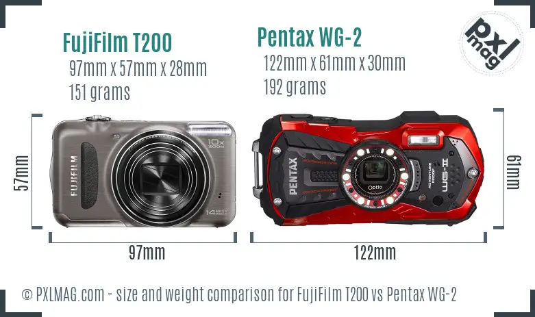 FujiFilm T200 vs Pentax WG-2 size comparison