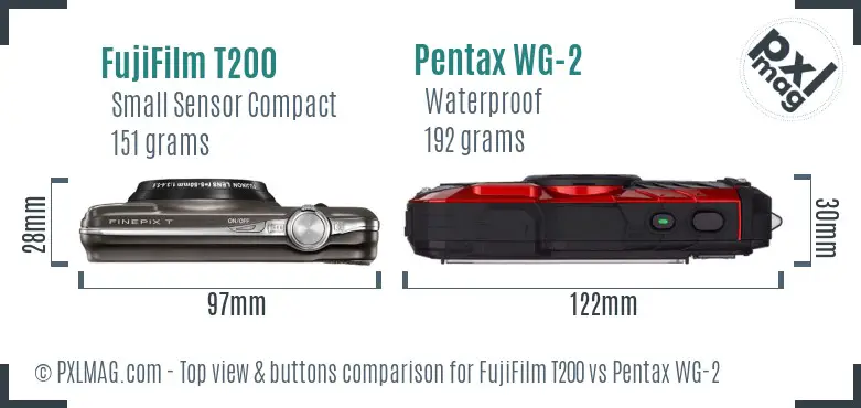 FujiFilm T200 vs Pentax WG-2 top view buttons comparison