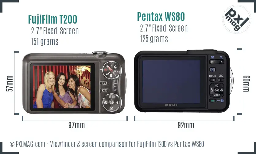 FujiFilm T200 vs Pentax WS80 Screen and Viewfinder comparison