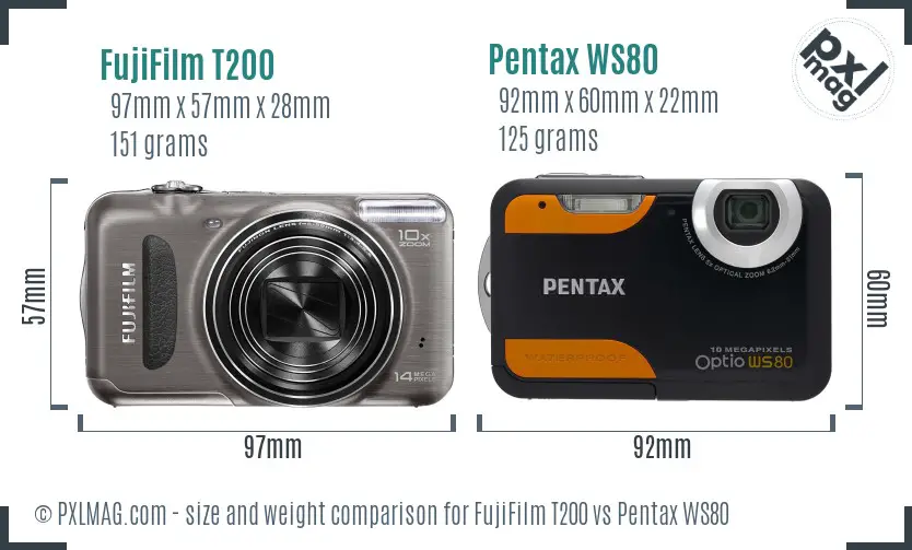 FujiFilm T200 vs Pentax WS80 size comparison