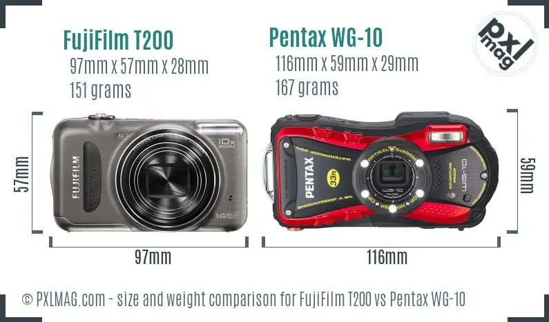 FujiFilm T200 vs Pentax WG-10 size comparison