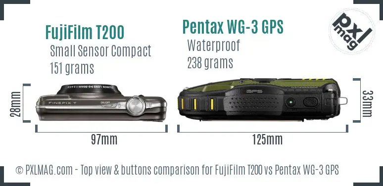 FujiFilm T200 vs Pentax WG-3 GPS top view buttons comparison
