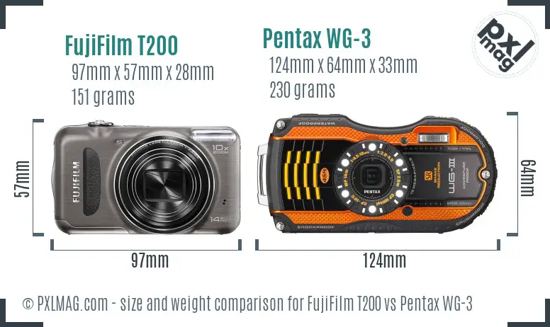 FujiFilm T200 vs Pentax WG-3 size comparison