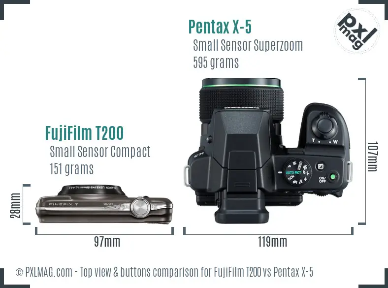 FujiFilm T200 vs Pentax X-5 top view buttons comparison FujiFilm T200 vs Pentax X-5 top view buttons comparison