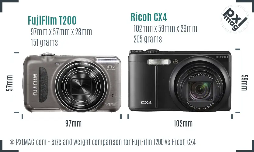 FujiFilm T200 vs Ricoh CX4 size comparison