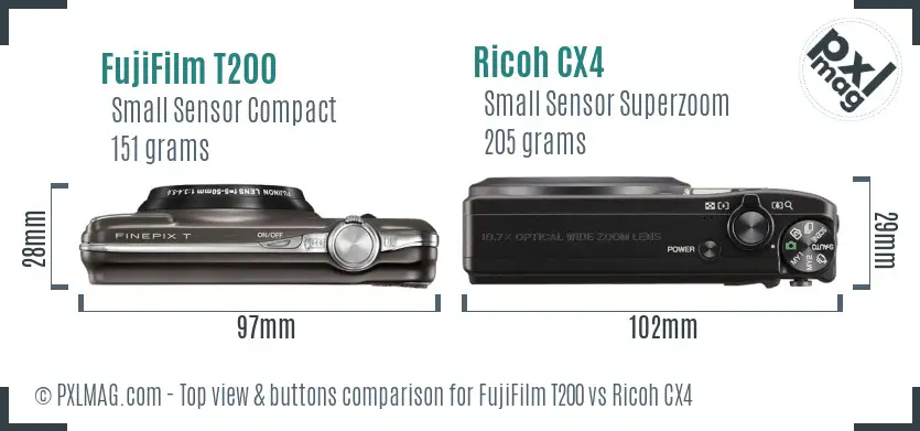 FujiFilm T200 vs Ricoh CX4 top view buttons comparison