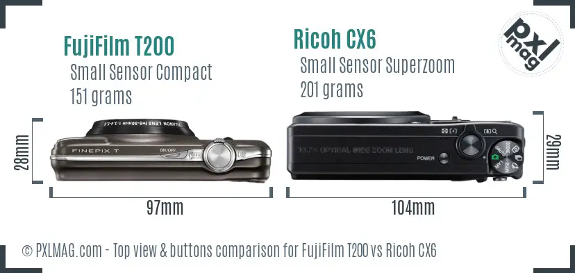 FujiFilm T200 vs Ricoh CX6 top view buttons comparison