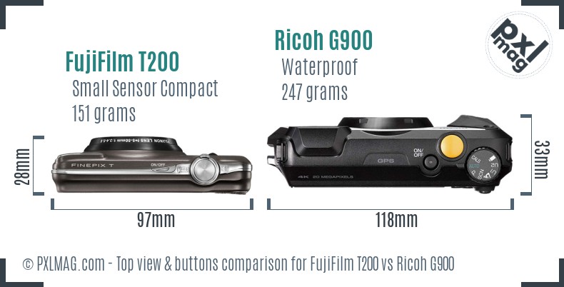 FujiFilm T200 vs Ricoh G900 top view buttons comparison