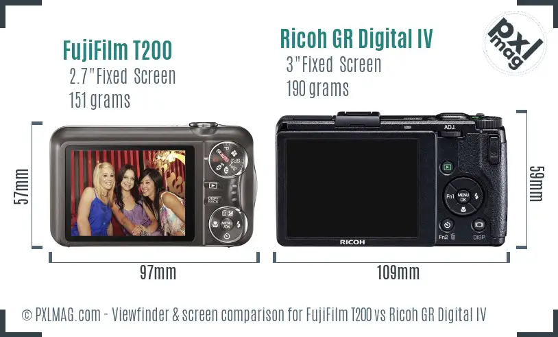 FujiFilm T200 vs Ricoh GR Digital IV Screen and Viewfinder comparison