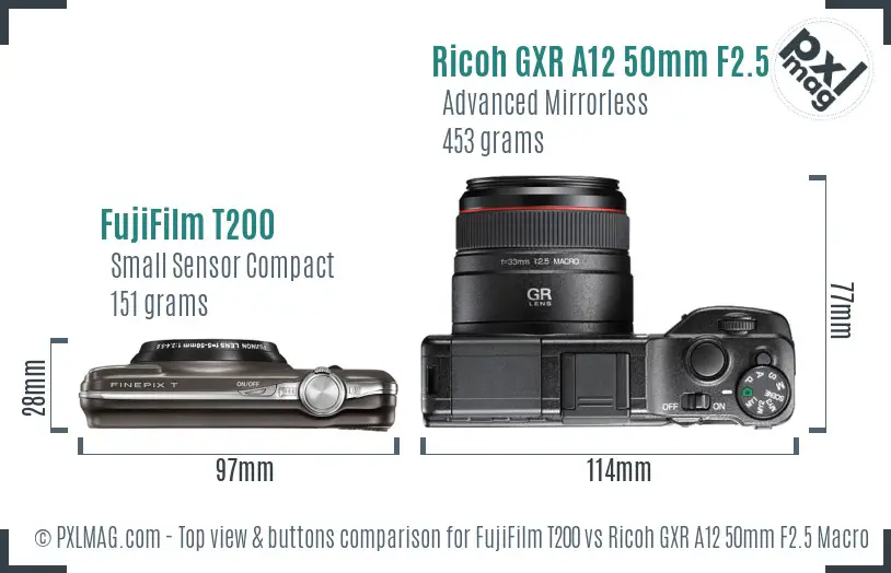 FujiFilm T200 vs Ricoh GXR A12 50mm F2.5 Macro top view buttons comparison