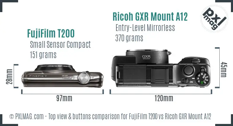 FujiFilm T200 vs Ricoh GXR Mount A12 top view buttons comparison FujiFilm T200 vs Ricoh GXR Mount A12 top view buttons comparison