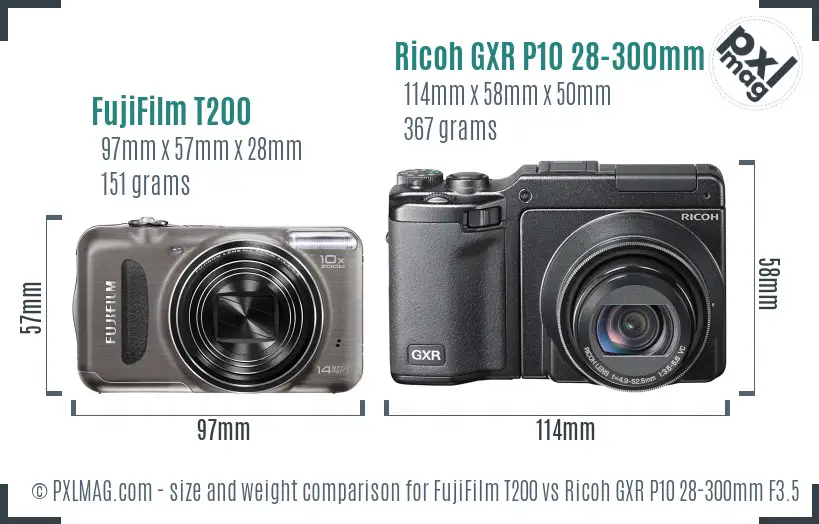 FujiFilm T200 vs Ricoh GXR P10 28-300mm F3.5-5.6 VC size comparison