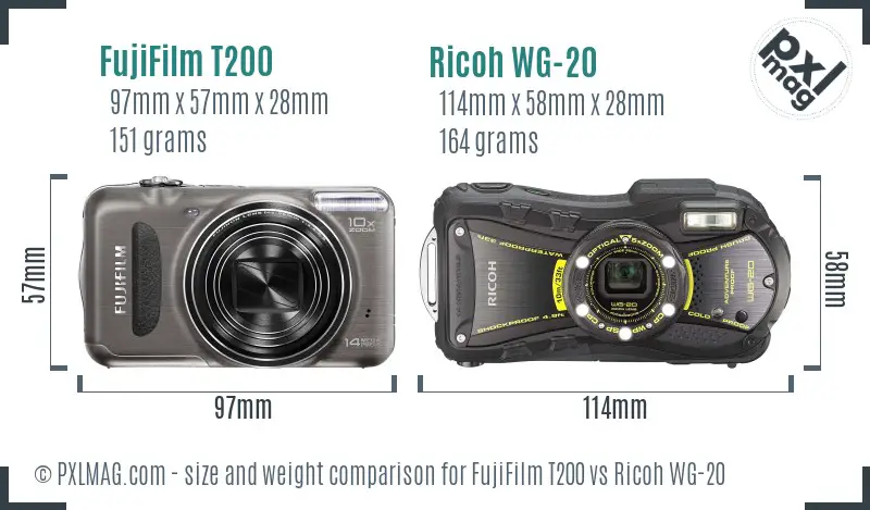 FujiFilm T200 vs Ricoh WG-20 size comparison