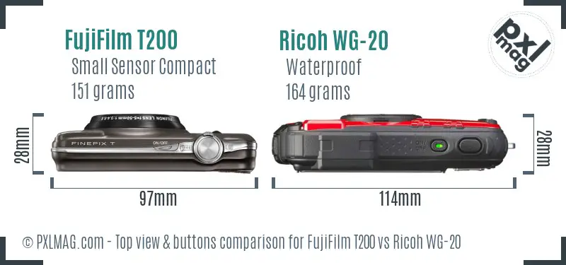 FujiFilm T200 vs Ricoh WG-20 top view buttons comparison