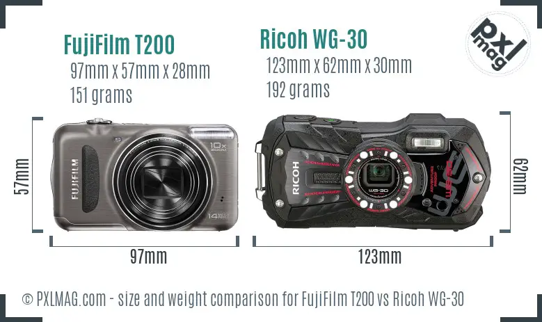 FujiFilm T200 vs Ricoh WG-30 size comparison