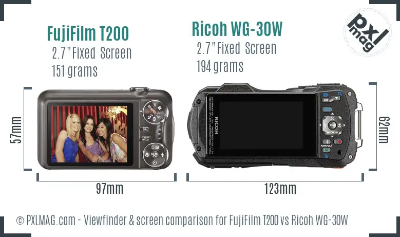 FujiFilm T200 vs Ricoh WG-30W Screen and Viewfinder comparison