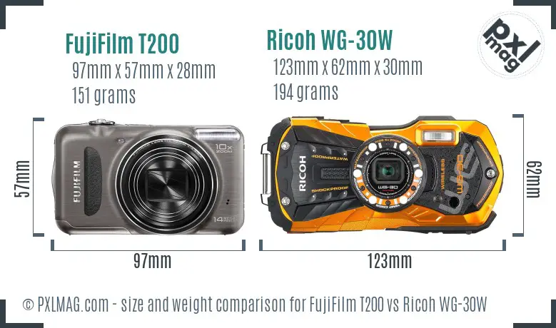 FujiFilm T200 vs Ricoh WG-30W size comparison