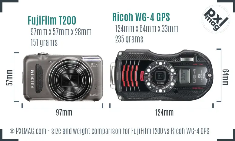 FujiFilm T200 vs Ricoh WG-4 GPS size comparison