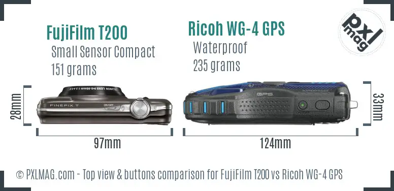 FujiFilm T200 vs Ricoh WG-4 GPS top view buttons comparison